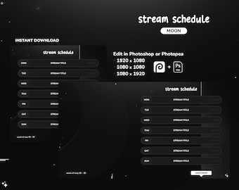 Moon Stream Schedule Dark | For Twitch, YouTube | 3 Templates | Weekly Schedule | PSD | Instant Download