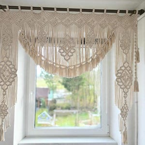 Handmade Macrame Curtain 140x120cm - Boho Window Valance, Large Cotton Curtain with Diamonds, Ecru Bohemian Decor - 5mm Premium Cord