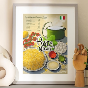 Cartel de PASTA NIGHT imprimible, arte de pared de cocina de comida dibujado a mano, decoración de pared estética de restaurante de cafetería italiana, impresión de recetas, amante de la pasta de regalo