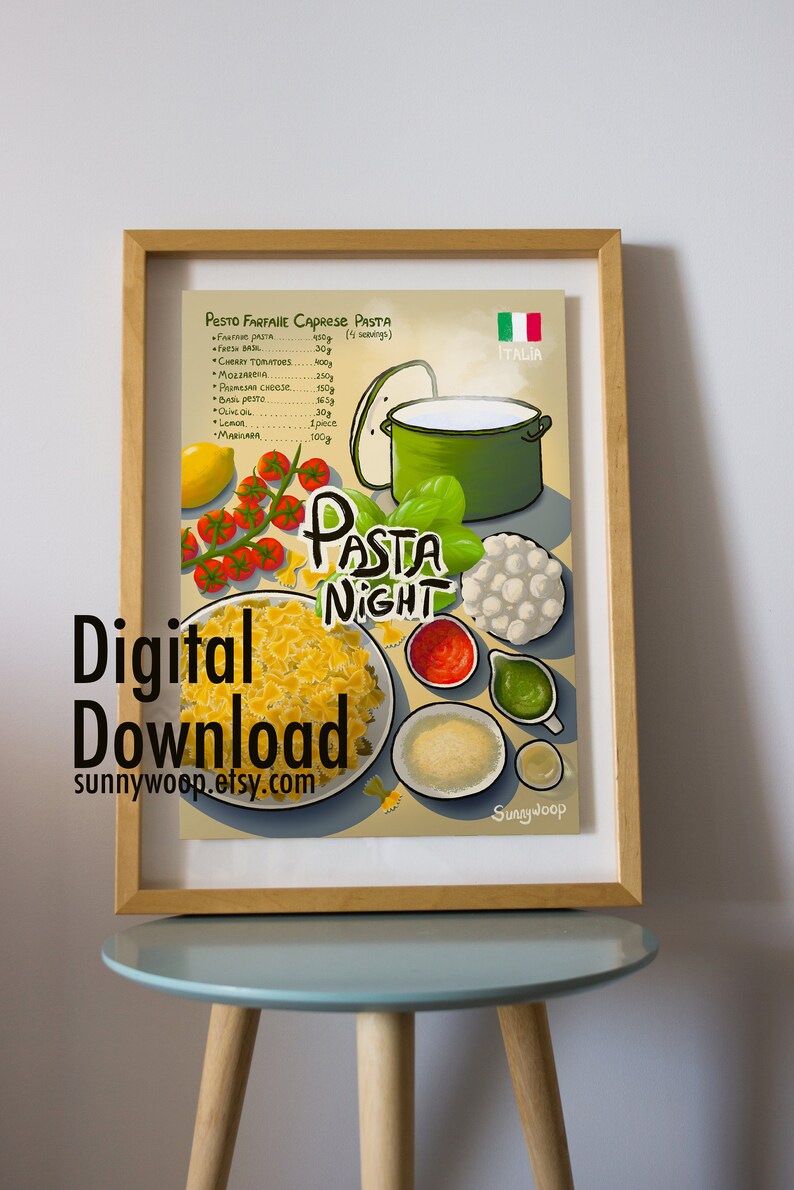 PASTA NIGHT Poster Printable, Hand Drawn Kitchen Wall Art, Aesthetic Pasta Poster Wall Art