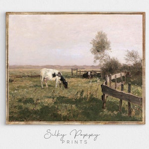 Vintage Landscape With Cows In Pasture Painting | Moody Countryside Farmhouse Decor | Rustic Cattle Print | Antique Pastoral landscape
