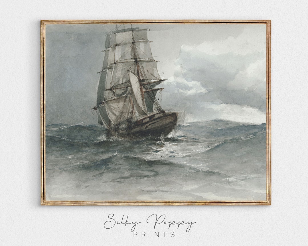 Vintage Ship at Sea Watercolor Painting | Antique Ocean Artwork ...
