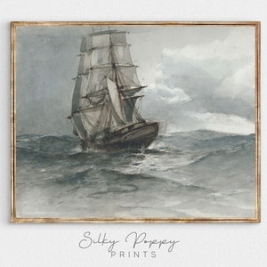 Vintage Ship at Sea Watercolor Painting | Antique Ocean Artwork | Vintage Seascape Painting | Moody Nautical Painting | Rustic Seascape