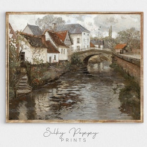 Vintage Rustic Village Painting | Antique Village Wall Decor | Rustic European Village Print | Farmhouse Wall Art | Village Muted Print