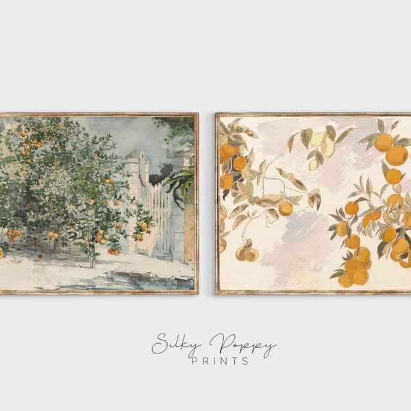 Vintage Gallery Wall Set Of Two | Vintage Kitchen Art Set | Antique Kitchen Wall Decor | Vintage Fruit Painting | Mediterranean Wall Art