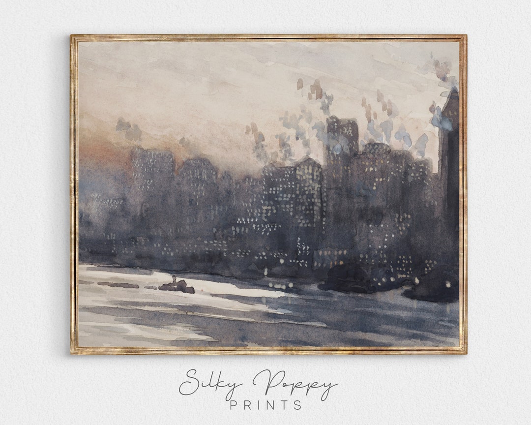 Vintage New York Skyline Watercolor Painting Vintage Cityscape Painting
