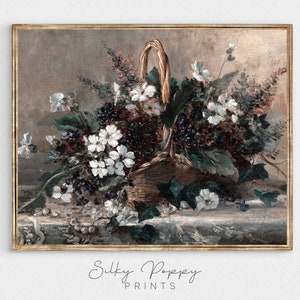 Vintage White Flowers And Violets Oil Painting | Rustic Floral PRINTABLE | Antique Still Life With Flowers Print | Still Life Floral Print