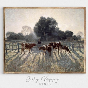 Vintage Oil Painting Of Cow Farm | Antique Farmhouse Painting | Rustic Cattle Print | Countryside Print | Vintage Cattle Oil Painting
