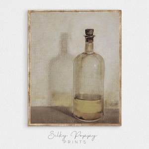 Vintage Still Life Painting Of Oil Bottle | Vintage Kitchen Still Life Painting | Still Life Print With Bottle | Antique Farmhouse Decor