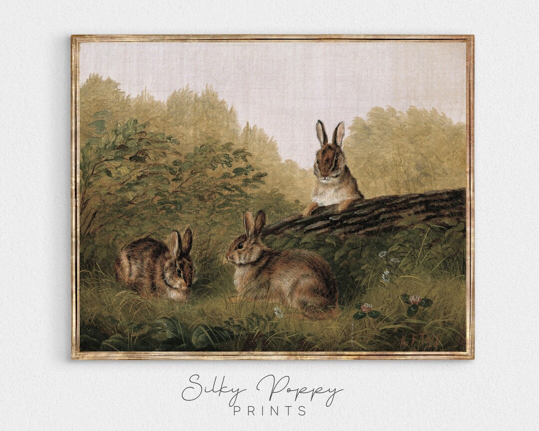 Vintage Painting of Rabbits on a Log | Country Nursery Wall Art ...