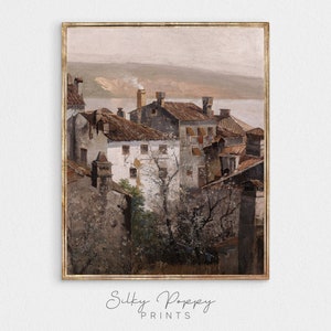 Vintage Rustic Village Painting | Antique Village Wall Decor | Moody European Village Print | Village Muted Print | Farmhouse Wall Art