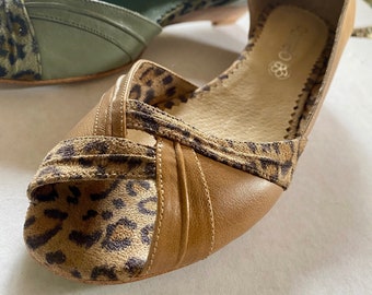 One-off Sample Women's Leather Low Heeled Sandals with Leopard Print, Handmade. Ladies Size UK4 Tan & Olive