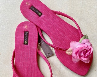 Women's Linen Flower Flip Flops with sequins. Sizes UK 3-8 Pink