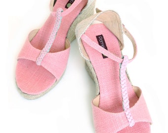 Womens/Ladies EspadrilleWedges/Sandals Linen in Pink with Leather Twist Sizes UK3-8