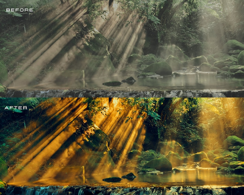 May include: A lush green forest with a stream running through it. Sunlight beams through the trees, creating a misty, ethereal atmosphere. The water is clear and reflects the light.