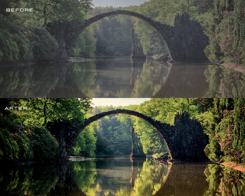 May include: A stone arch bridge over a calm lake with lush green trees and foliage on both sides. The bridge is reflected in the water.
