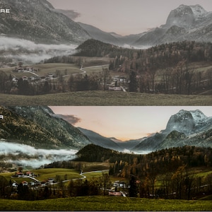 May include: A before and after image showing the difference in color and contrast of a landscape photo. The before image is muted and dull, while the after image is brighter and more vibrant. The image shows a valley with a small village, mountains, and fog.