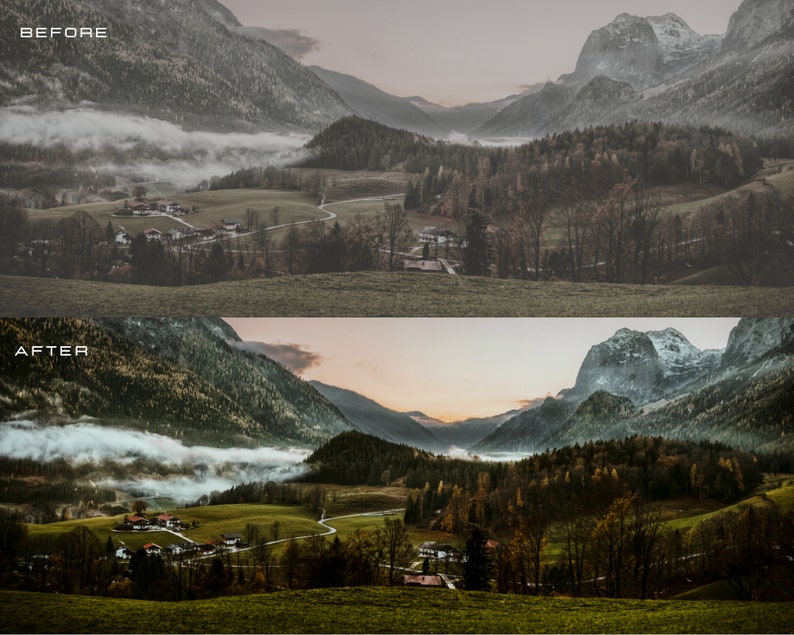 May include: A before and after image showing the difference in color and contrast of a landscape photo. The before image is muted and dull, while the after image is brighter and more vibrant. The image shows a valley with a small village, mountains, and fog.