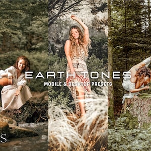 Può includere: Tre donne in un ambiente boschivo, una sta versando acqua da una brocca, un'altra è in piedi con le braccia alzate e un'altra si sta piegando su un ceppo d'albero. Il testo "EARTHTONES MOBILE & DESKTOP PRESETS" è visualizzato al centro dell'immagine.