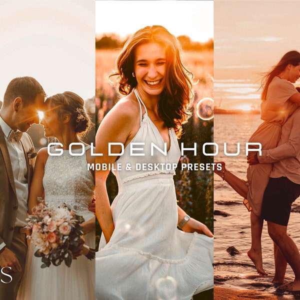 10 Golden Hour Lightroom Presets / Mobile & Desktop / Instagram / Blogger / Warm / Wedding Photography / Vsco / Sunshine / Sun Lights / Gold