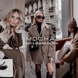 Peut inclure: Image en trois parties avec des femmes en tenues élégantes. La première porte une veste en peau de mouton marron. La seconde porte un blazer marron et des bottes noires. La troisième porte un manteau et un bonnet marron. Texte : "MOCHA MOBILE & DESKTOP PRESETS."