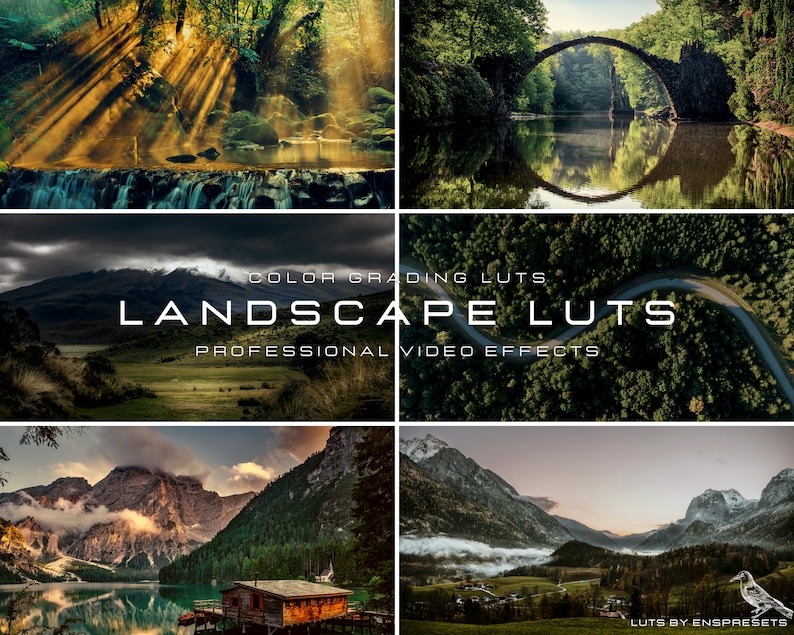May include: A set of color grading LUTs for video editing, designed to enhance landscape footage. The text "COLOR GRADING LUTs LANDSCAPE LUTs PROFESSIONAL VIDEO EFFECTS" is displayed on a green background.