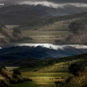 May include: A before and after image showing the difference in a landscape photo. The before image is dark and cloudy, while the after image is brighter and more vibrant.