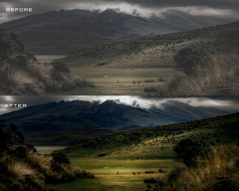 May include: A before and after image showing the difference in a landscape photo. The before image is dark and cloudy, while the after image is brighter and more vibrant.