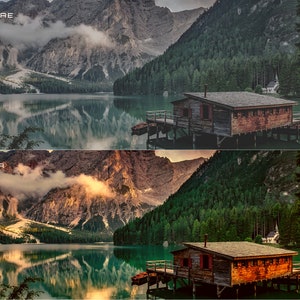 May include: A wooden cabin on stilts over a lake in the mountains. The cabin has a brown roof and a wooden deck. The lake is surrounded by trees and mountains. The sky is cloudy and the water is reflecting the clouds.