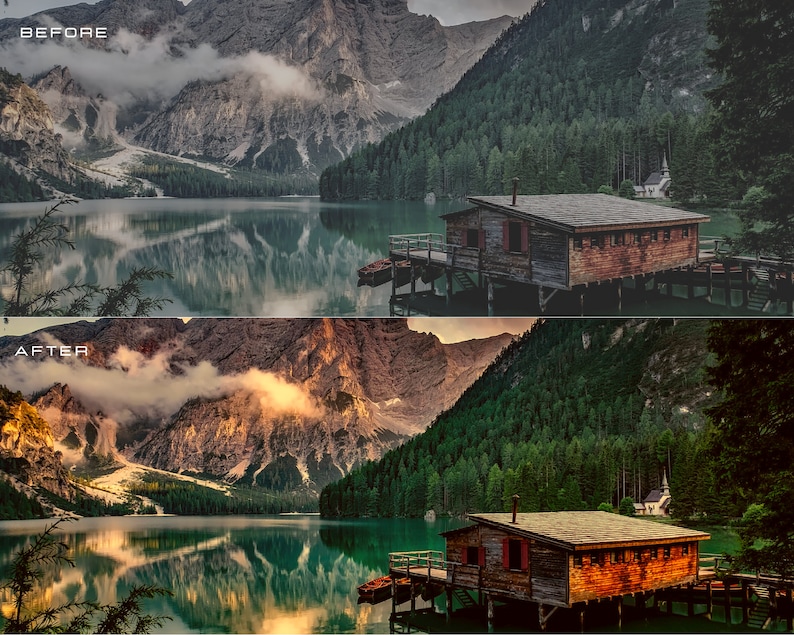 May include: A wooden cabin on stilts over a lake in the mountains. The cabin has a brown roof and a wooden deck. The lake is surrounded by trees and mountains. The sky is cloudy and the water is reflecting the clouds.