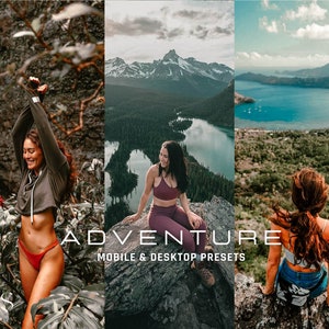 May include: A set of mobile and desktop photo presets called "Adventure". The presets are designed to enhance photos with a warm, vintage aesthetic. The image shows three different photos that have been edited with the presets. The first photo shows a woman standing in a forest, the second photo shows a woman sitting on a mountain overlooking a lake, and the third photo shows a woman sitting on a mountain overlooking a bay.