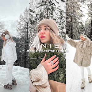 Op de afbeelding: Drie vrouwen in winterkleding in een besneeuwde bosomgeving. De vrouw in het midden houdt een kleine naaldbomen. De tekst "WINTER MOBILE & DESKTOP PRESETS" wordt weergegeven op de afbeelding.