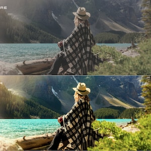 May include: A woman wearing a black and white plaid poncho and a brown fedora sits on a log overlooking a lake with mountains in the background.