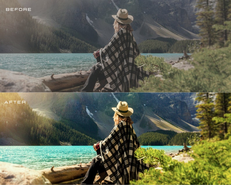 May include: A woman wearing a black and white plaid poncho and a brown fedora sits on a log overlooking a lake with mountains in the background.