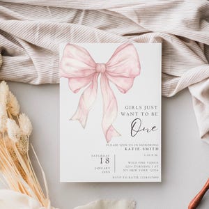 Pink Bow Birthday Invitation Template Girls Just Wanna Be One Birthday Invite Template Pink Coquette Birthday Invite Printable