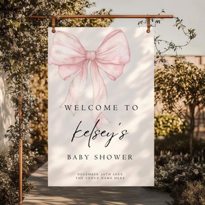 Rosa Schleife Babyparty Willkommensschild Vorlage, Rosa Kokette Babyparty Willkommensschild, Rosa Schleife Babyparty Willkommensschild Poster
