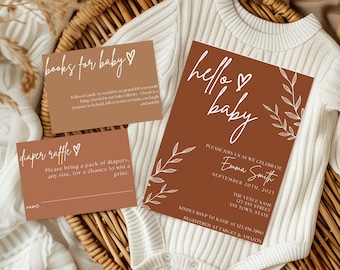 Minimalist Baby Shower Invitation | Gender Neutral Baby Shower Bundle | Books for Baby Diaper Raffle | Terracotta Baby Shower Template