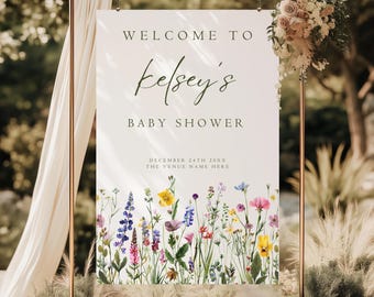 Mały dziki kwiat w drodze Szablon znaku powitalnego Baby In Bloom Znak powitalny do pobrania cyfrowego Kwiatowy plakat powitalny na baby shower