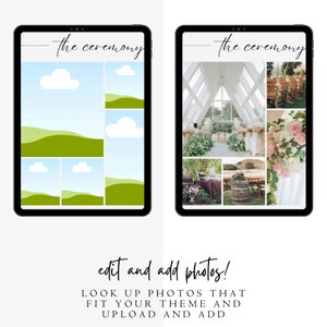 May include: Two iPad screens showing a wedding ceremony template. The left screen has a cartoon landscape with green hills and blue clouds. The right screen has photos of a wedding ceremony in a white chapel with a wooden barrel and floral arrangements.