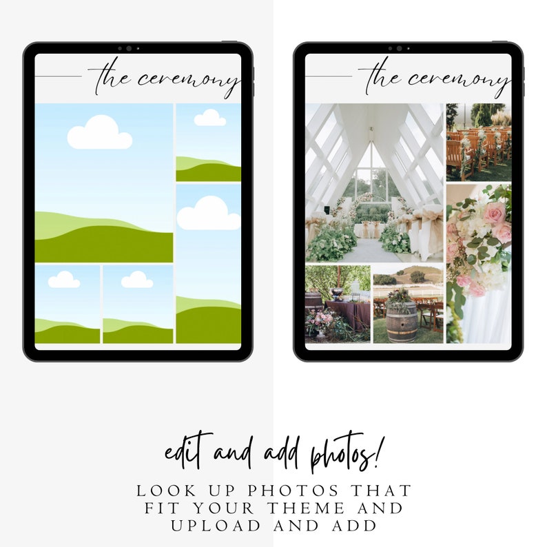 May include: Two iPad screens showing a wedding ceremony template. The left screen has a cartoon landscape with green hills and blue clouds. The right screen has photos of a wedding ceremony in a white chapel with a wooden barrel and floral arrangements.
