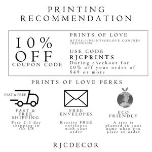 May include: A graphic with the text "10% OFF COUPON CODE" and "PRINTS OF LOVE" with a website address and the text "USE CODE RJCPRINTS" with a description of a discount offer. The graphic also includes illustrations of a delivery truck, an envelope, and a tree, representing fast and free shipping, free envelopes, and eco-friendly practices.