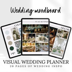 Może przedstawiać: Trzy tablety cyfrowe wyświetlają wizualny planer ślubny z 20 stronami inspiracji ślubnych. Ekrany pokazują tablice nastrojów z etykietami Wedding moodboard, Place Settings, Color oraz Decor w odcieniach szałwii.