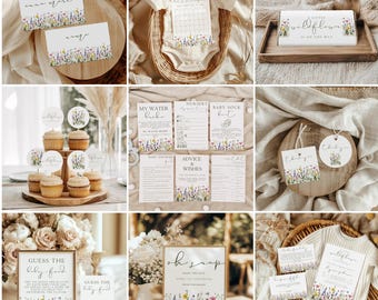Pacchetto di inviti per baby shower "Baby in Bloom" stampabili, inviti per baby shower con fiori di campo e giochi modificabili, decorazioni floreali per baby shower