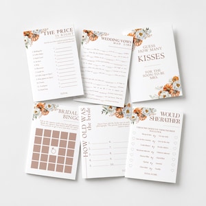 May include: A set of five white wedding game cards featuring orange pumpkin and white floral illustrations. The cards include The Price Is Right, Wedding Vows Mad Libs, Guess How Many Kisses, Bridal Bingo, How Old Was The Bride, and Would She Rather.