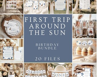 First Trip Around the Sun Birthday Bundle, Space 1st Birthday (Canva Editable)
