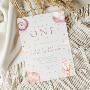Pink First Trip Around The Sun First Birthday Invitation, Pink Space Girls First Birthday Invite, Pink Astronaut Birthday Invite