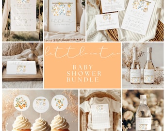 May include: A baby shower bundle with invitations, signage, and cupcake toppers. The designs feature watercolor illustrations of baby clothes and floral accents. The colour palette is soft, with shades of yellow, blue, and white.
