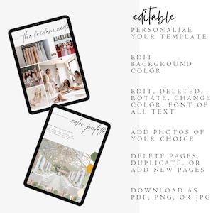 May include: Editable template for a wedding or bridal shower with two pages. The first page features a photo collage of bridesmaids and the second page shows a color palette with a photo of a wedding venue. The text on the first page reads "the bridesmaids" and the text on the second page reads "color palette".