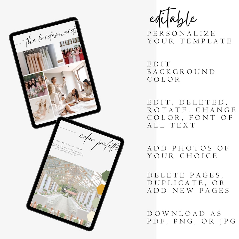 May include: Editable template for a wedding or bridal shower with two pages. The first page features a photo collage of bridesmaids and the second page shows a color palette with a photo of a wedding venue. The text on the first page reads "the bridesmaids" and the text on the second page reads "color palette".