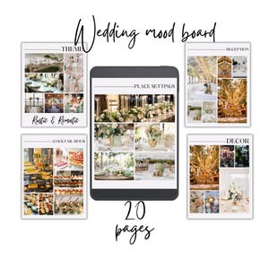 Plantilla de tablero de estado de ánimo para bodas, plantilla de planificador de bodas digital, tablero de visión para bodas, guía de diseño de temas para bodas, plantilla editable de Canva